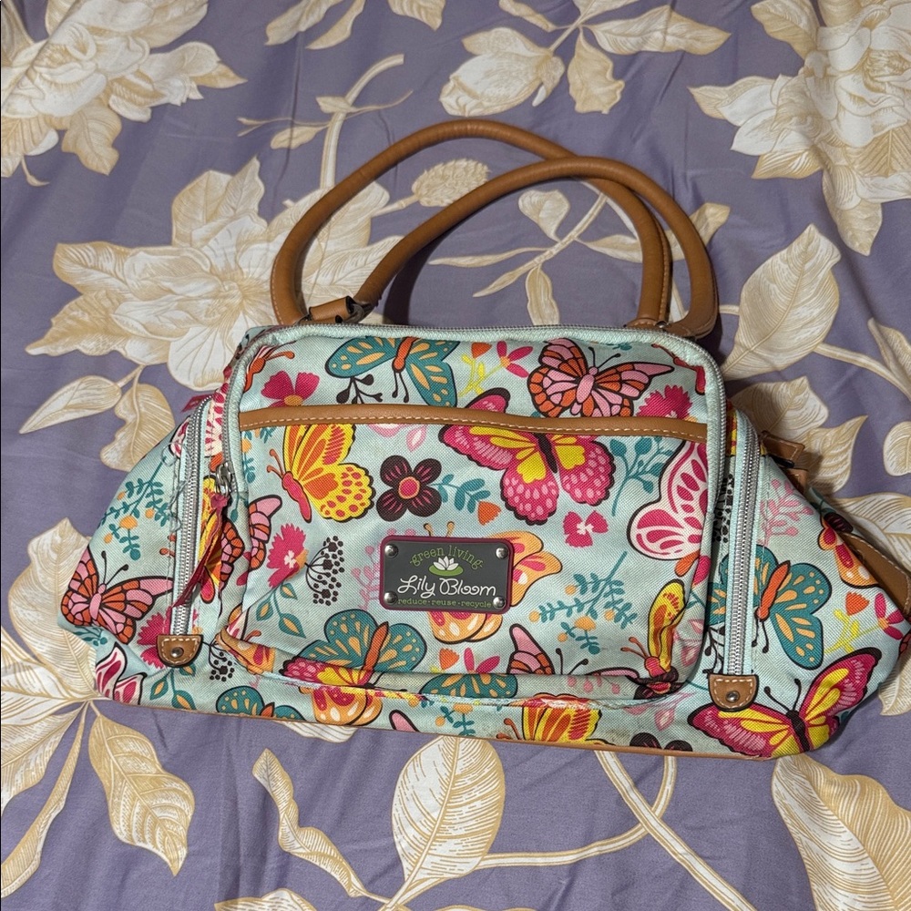 Lily Bloom Mint Floral & Butterfly Shoulder Bag with Tan Handles
